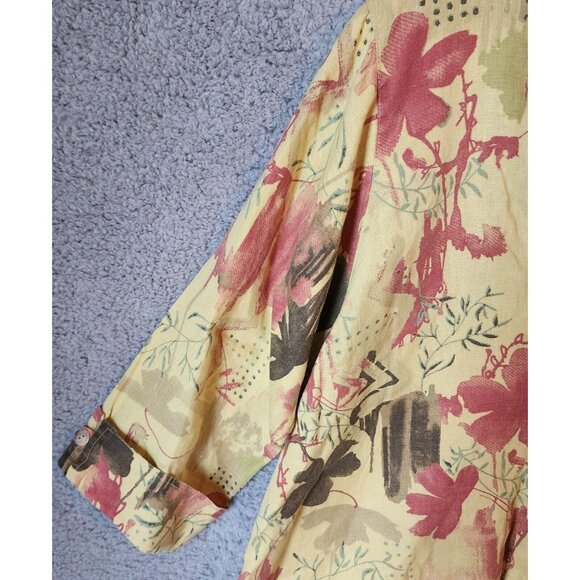 Click by Color Me Cotton Hi Low Jacket Top Yellow Floral 100% Linen Lagenlook M - Picture 4 of 11